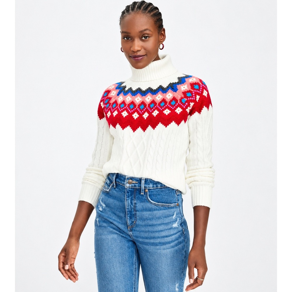 LOFT Fair Isle Cable Knit Turtleneck Sweater L Ivory Womens NWT Winter Holiday